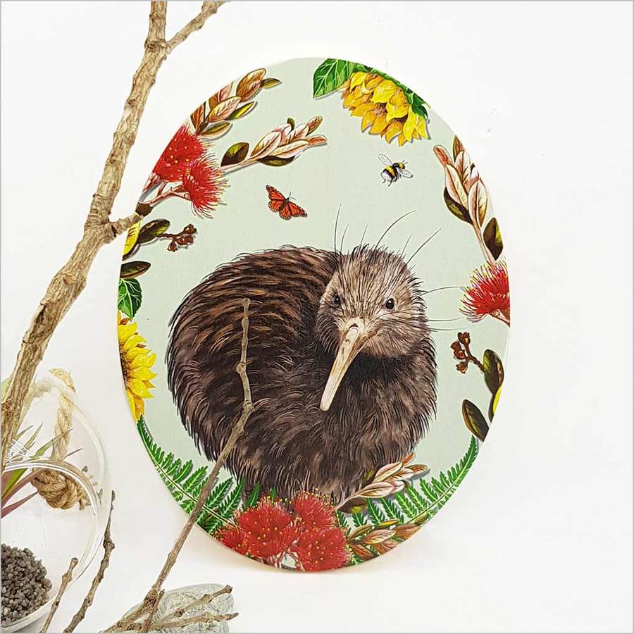 Kiwiana wall art featuring a vibrant Kiwi bird and floral designs, crafted from eco-friendly pine ply, ready to hang.