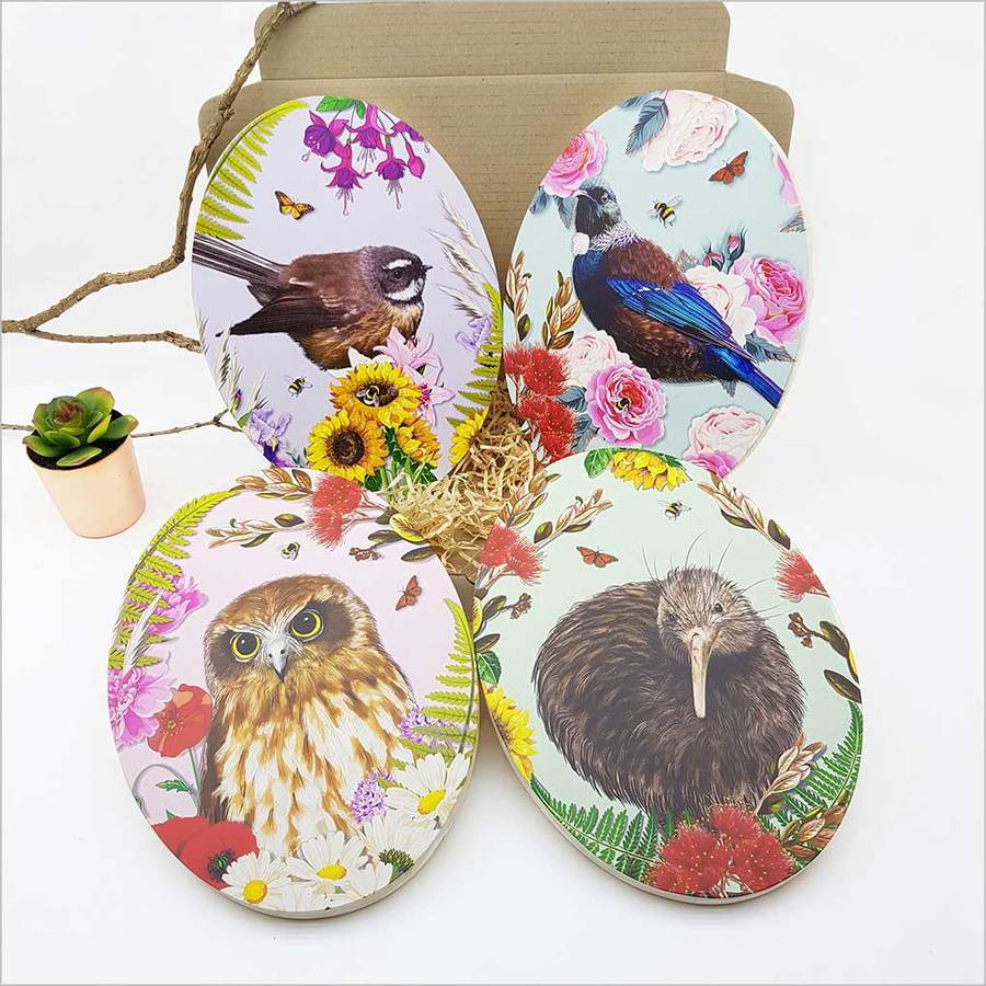 Kiwiana Wall Art featuring a vibrant Fantail bird and floral design, crafted from eco-friendly pine ply, ready to hang.