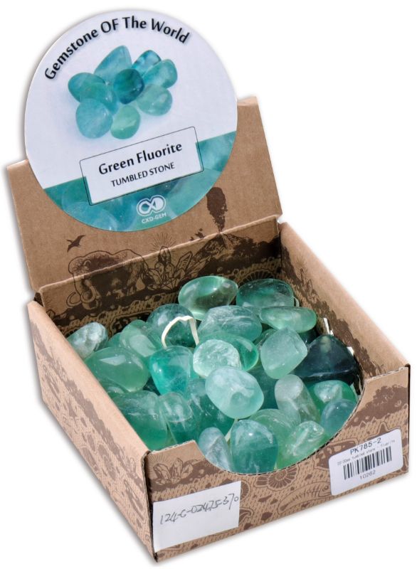 Vibrant polished Fluorite tumbled stones (20-30mm) in a 0.5kg box, ideal for crystal healing and home decor.