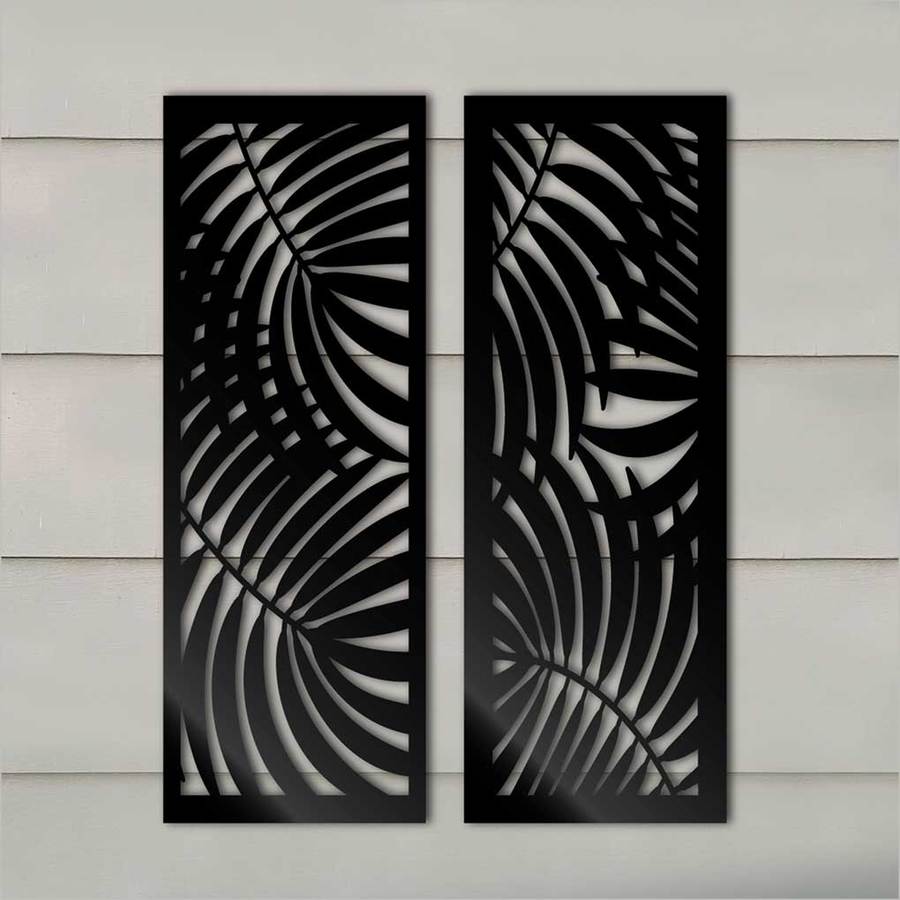 Large Panel Triple Palm Wall Art in Black, featuring a tropical design, perfect for indoor or outdoor decor.