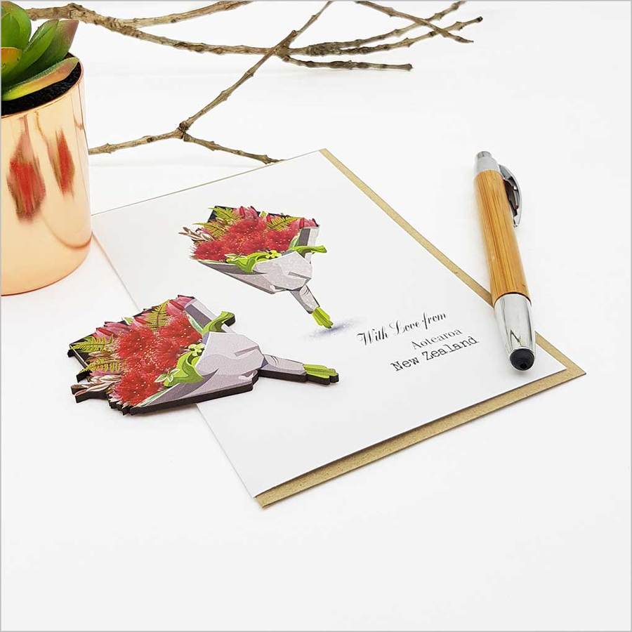 Pohutukawa Bouquet Greeting Card featuring elegant embellishments, crafted on textured cardstock, designed in New Zealand.