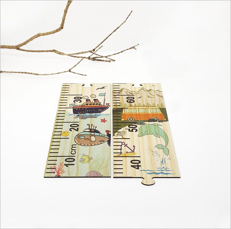 Vibrant transport-themed growth chart ruler for kids, crafted from eco-friendly pine veneer, measuring up to 1.5 metres.