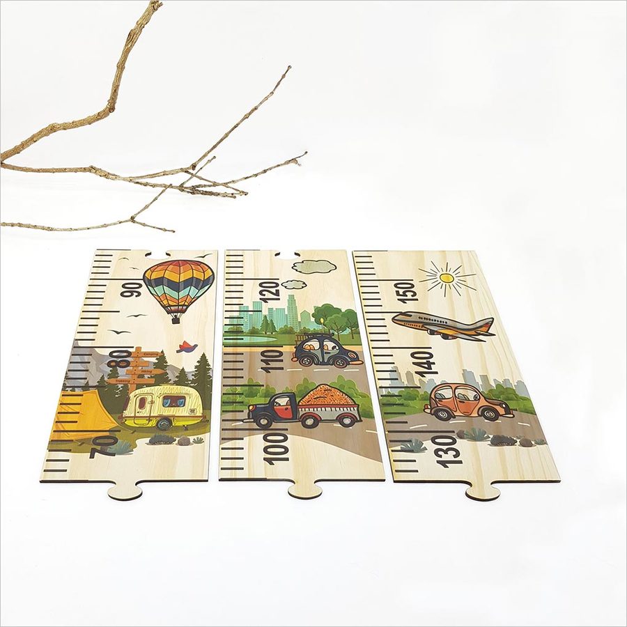 Vibrant transport-themed growth chart ruler in eco-friendly pine veneer, measuring up to 1.5m for kids' height tracking.