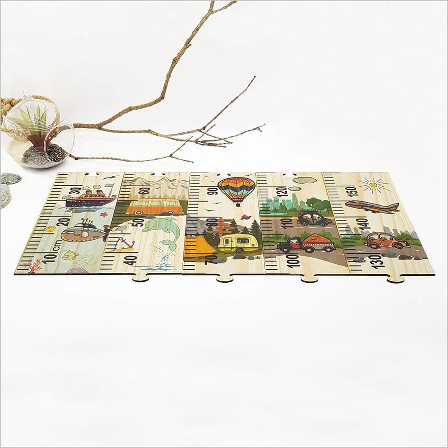 Growth Chart Ruler: Transport with vibrant designs, measuring up to 1.5m, made from eco-friendly pine veneer.