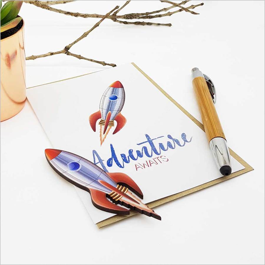 Colorful Adventure Awaits greeting card featuring a stunning space ship embellishment, perfect for heartfelt messages.