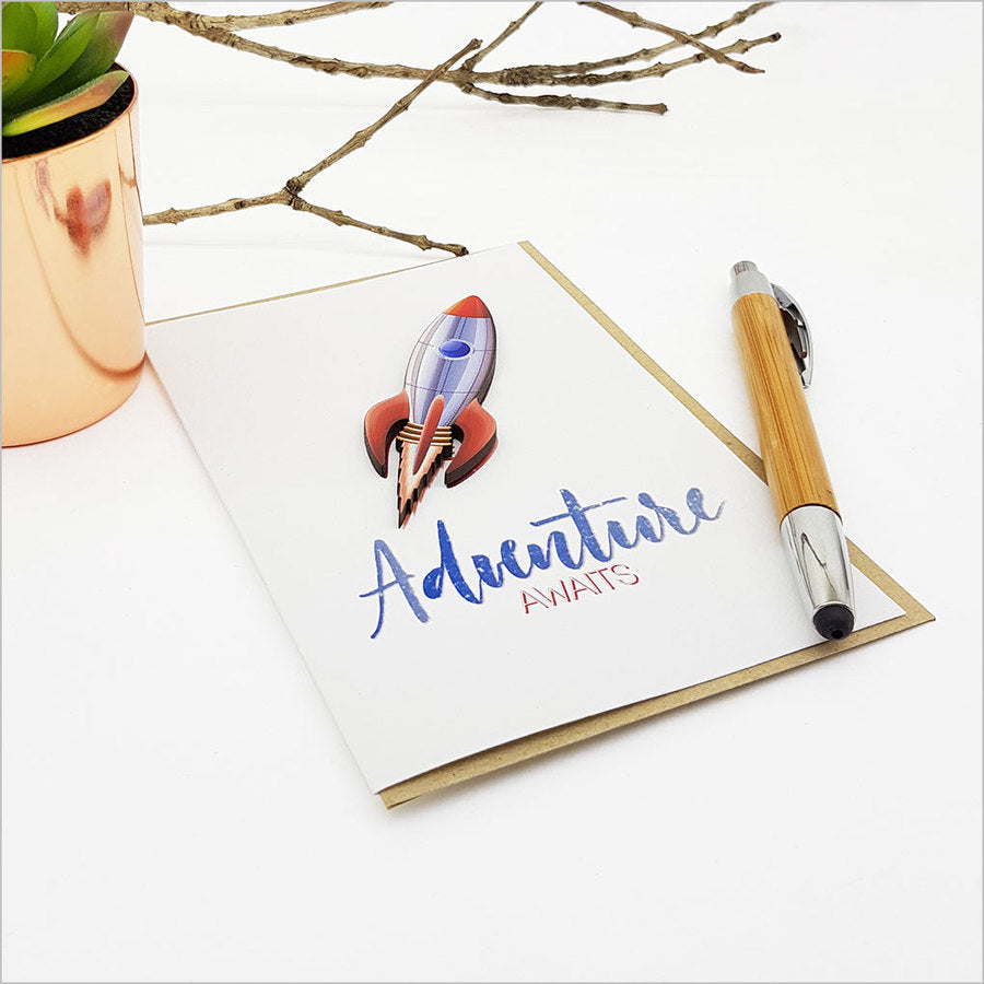 Greeting card featuring a beautifully embellished spaceship, perfect for inspiring dreams of adventure and special occasions.