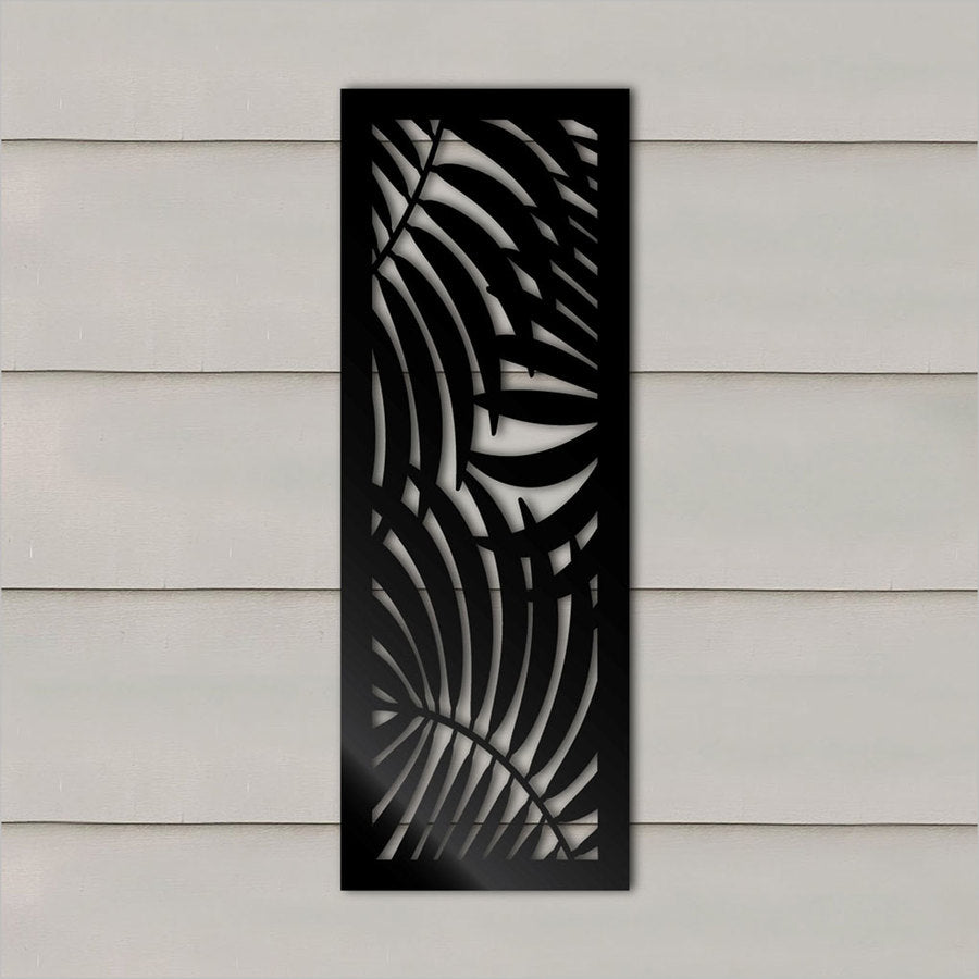 Large black panel wall art featuring intricate palm design, perfect for indoor/outdoor tropical decor, size 285mm x 790mmH.