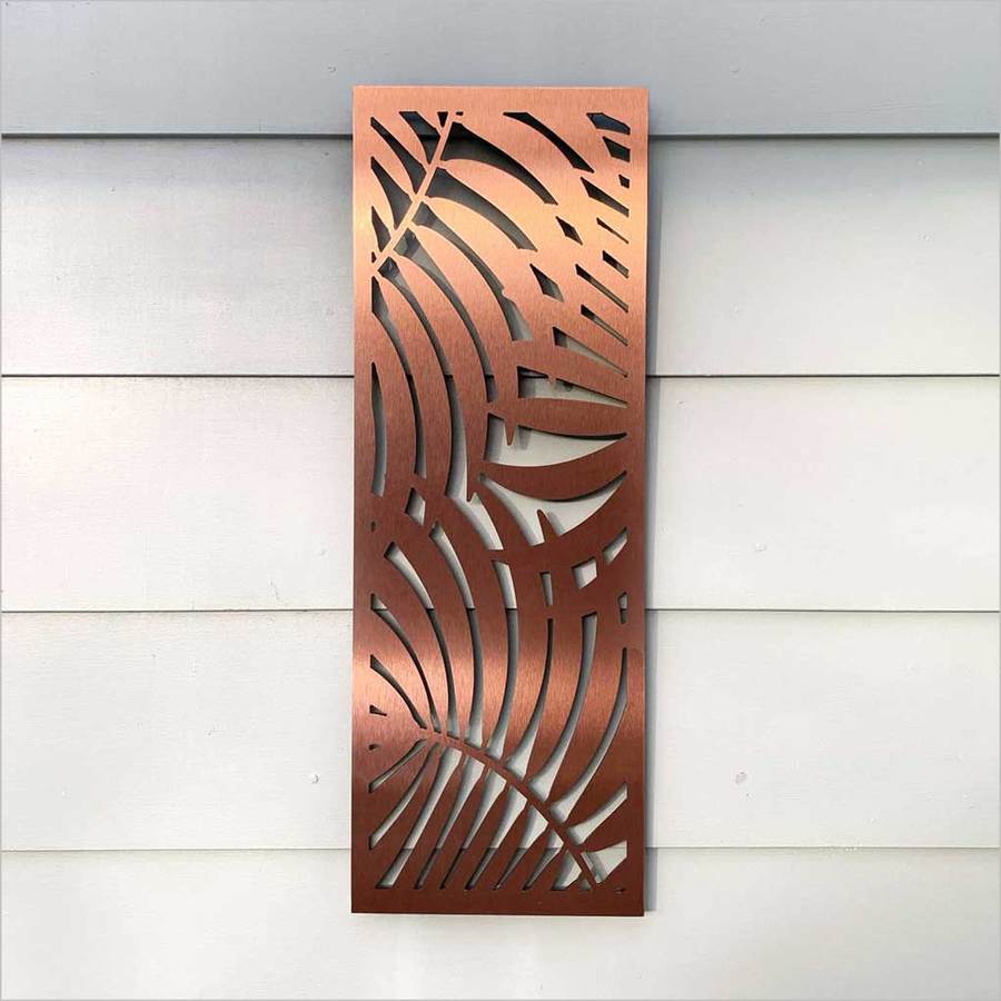 Large Panel Triple Palm in brushed copper, measuring 285mm x 790mm, perfect for enhancing indoor or outdoor decor.