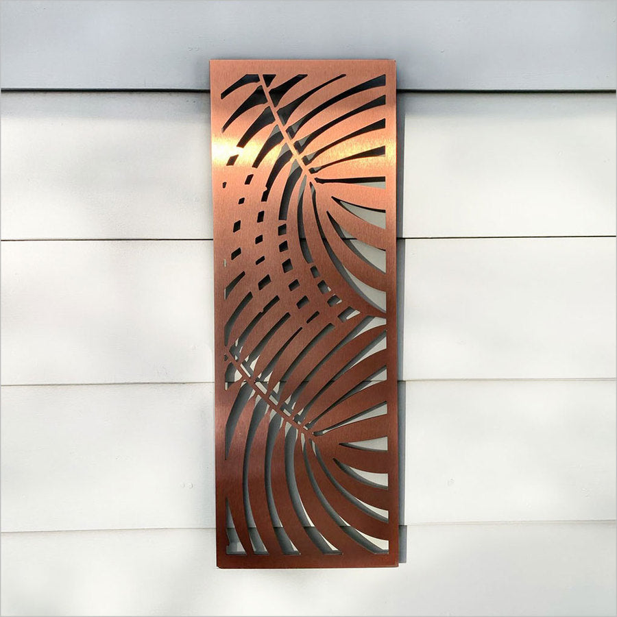Brushed copper wall art featuring a large double palm design, perfect for elegant indoor or outdoor decor.