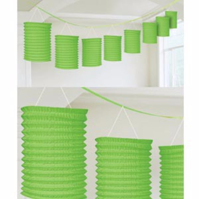Green paper lantern garland with 8 lanterns (10cm x 16cm) on a 3.65m cord, perfect for festive indoor or outdoor decor.