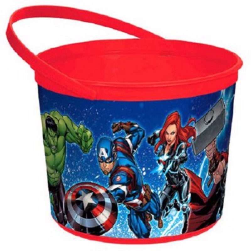 Vibrant Avengers favor container, 11.5cm high, features iconic graphics, perfect for treats and party favors for kids.