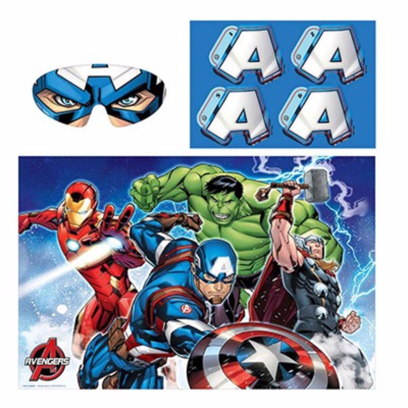 "Avengers Epic Party Game includes a poster, stickers, and a blindfold for 2-8 players enjoying Marvel-themed challenges."