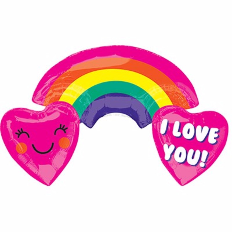Vibrant rainbow and hearts foil balloon with a smiley face, measuring 93cm x 55cm, perfect for celebrations and uplifting occasions.