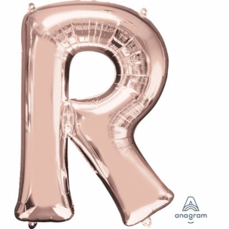 Rose gold Letter R balloon, 81cm, self-sealing, versatile for air or helium, perfect for elegant celebrations and decor.
