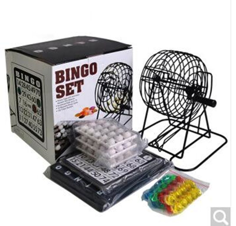 Bingo game set featuring durable cards, chips, a bingo cage, and colorful balls for fun family game nights and parties.