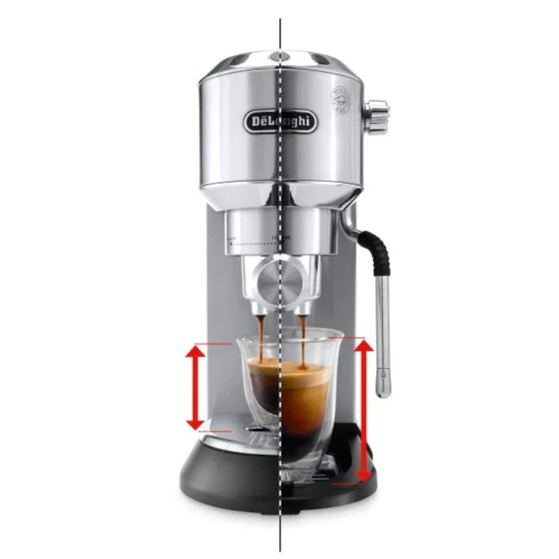 De'Longhi Dedica Arte coffee machine, compact 15 cm wide, 15 bar pressure, My LatteArt steam wand, stainless steel design.