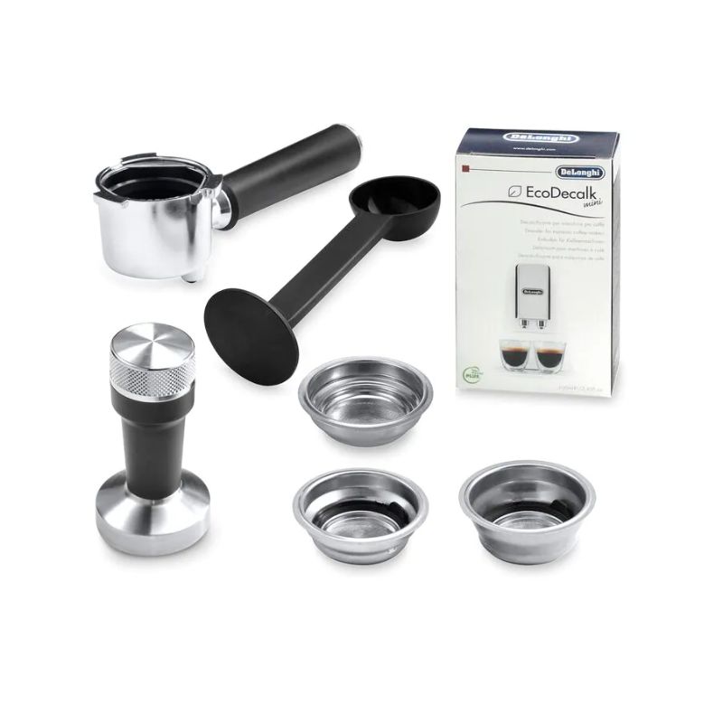 De'Longhi Dedica Arte coffee machine with 15 bar pressure, My LatteArt wand, sleek stainless steel design, and 1.1L capacity.