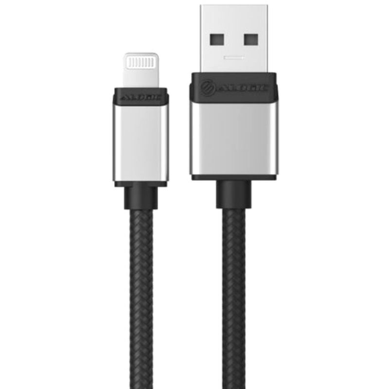 Ultra-fast 1m USB-A to Lightning cable, durable nylon design, 480 Mbit/s transfer, and compact connector for easy access.
