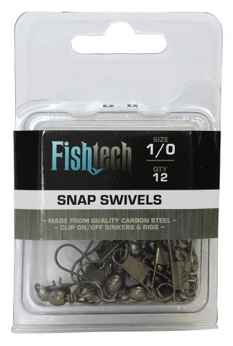 High-quality Fishtech 1/0 snap swivels, 12 per pack, for easy attachment of sinkers and rigs, ideal for all fishing styles.
