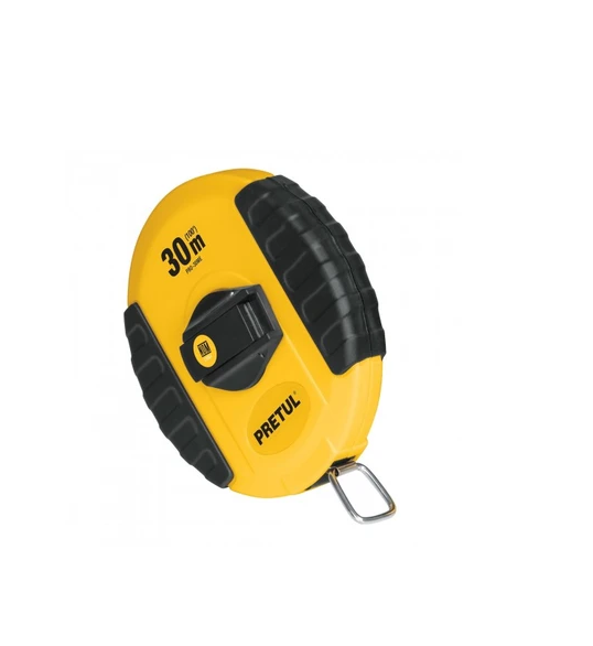 Durable 30m fibreglass tape measure with 13mm blade, ABS closed case, rubber grips, and steel loop for easy attachment.