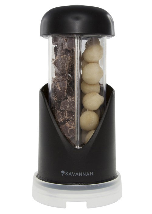 Stylish Savannah Smart Grater Mill with dual chambers for effortless grating of cheese, nuts, and chocolate, featuring a mess-free design.