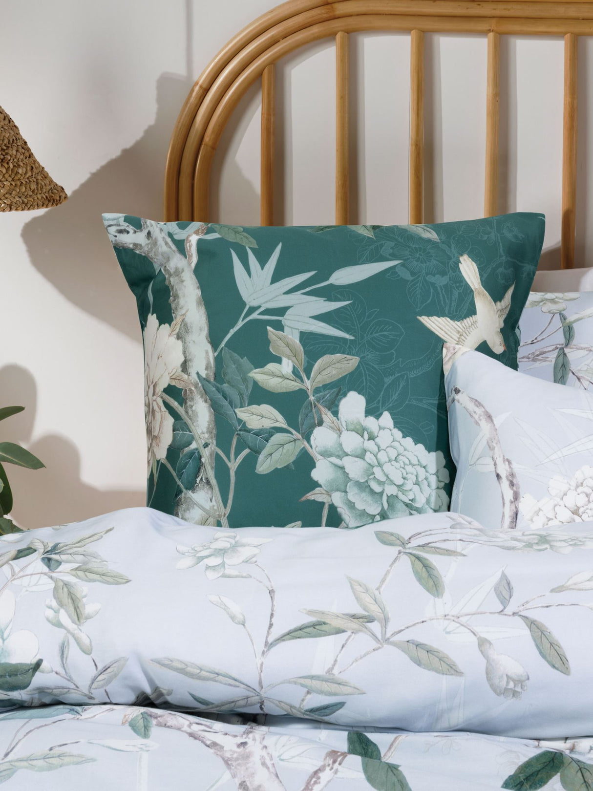 Powder blue Aus Super King duvet cover set with vintage foliage design, featuring charming birds and soft cotton sateen fabric.