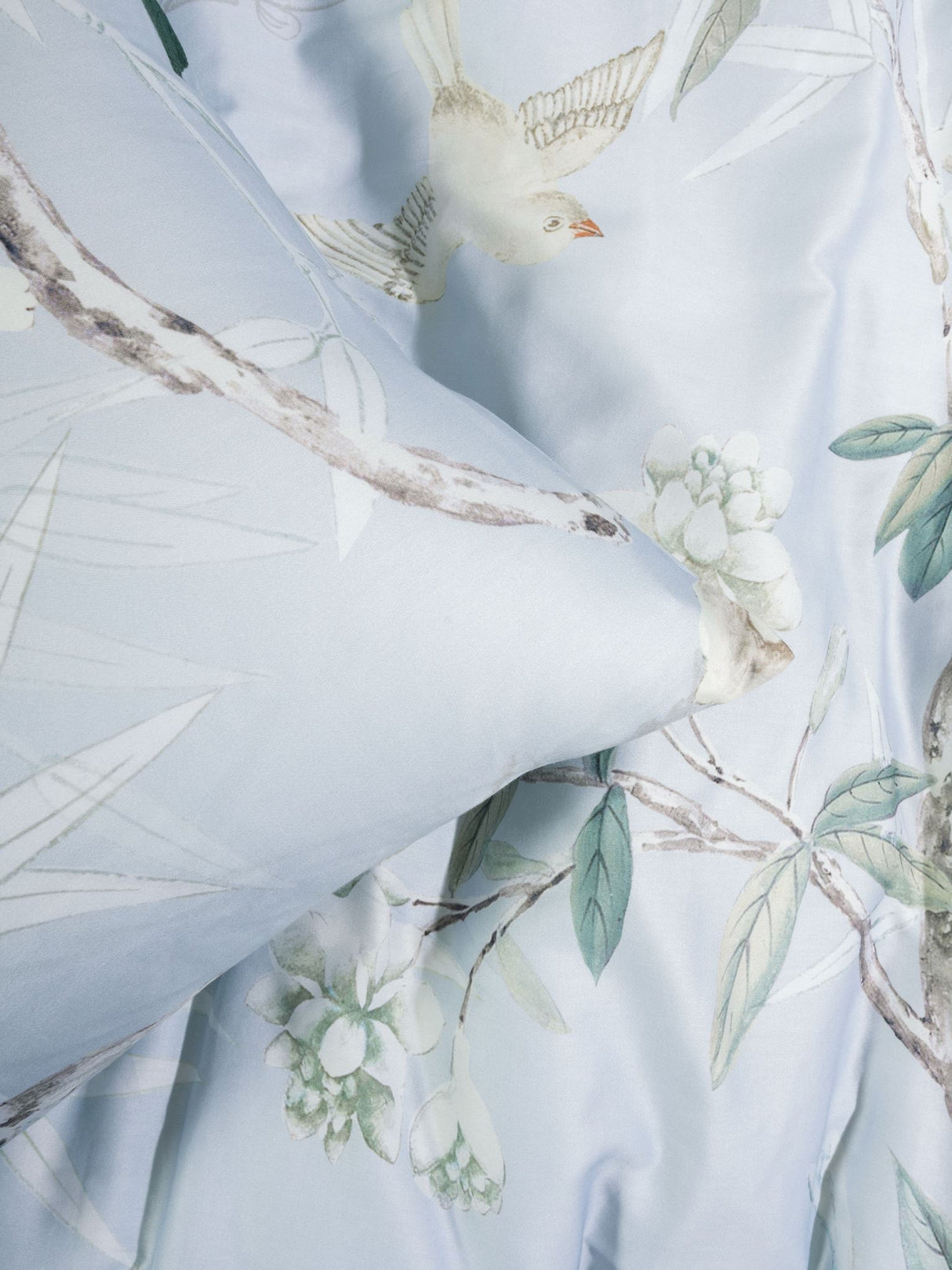 Powder blue duvet cover set with vintage foliage design, 100% cotton sateen, perfect for super king beds.
