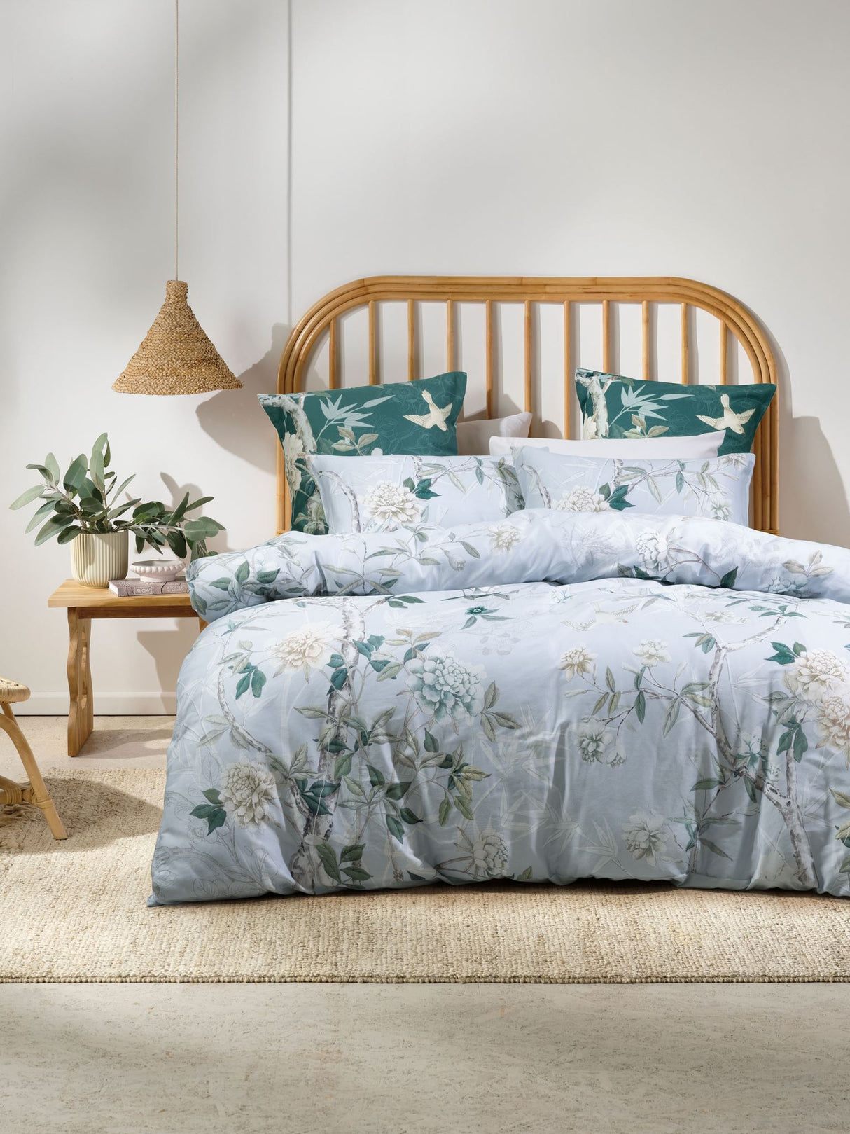Queen duvet cover set in powder blue featuring vintage foliage and birds, made of soft 100% cotton sateen.