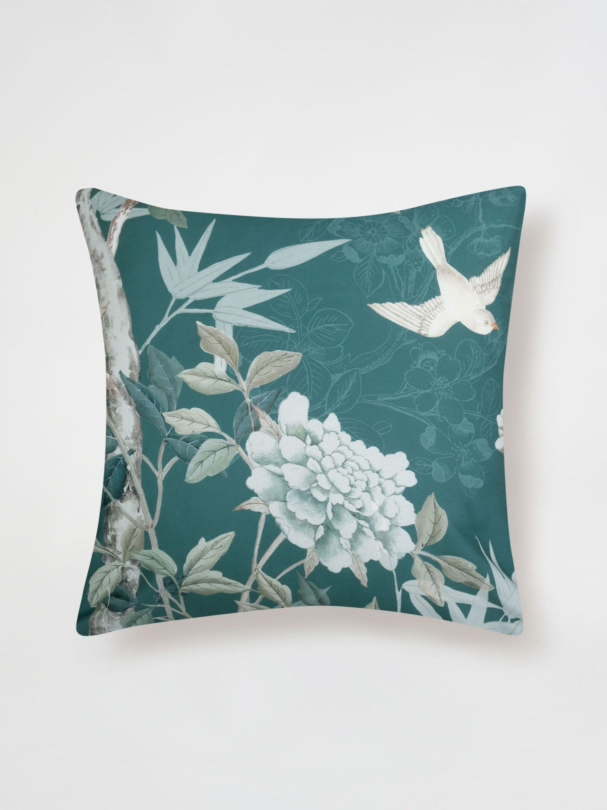 Powder blue European pillowcase by Savona with vintage foliage and birds, made from 100% cotton sateen, 250 thread count.