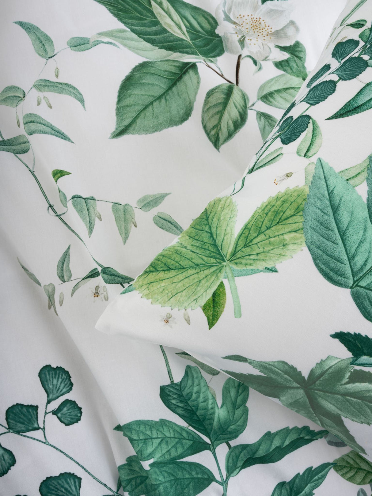 Super King Freya Duvet Cover Set in white, featuring elegant foliage patterns on soft cotton sateen for a serene bedroom ambiance.