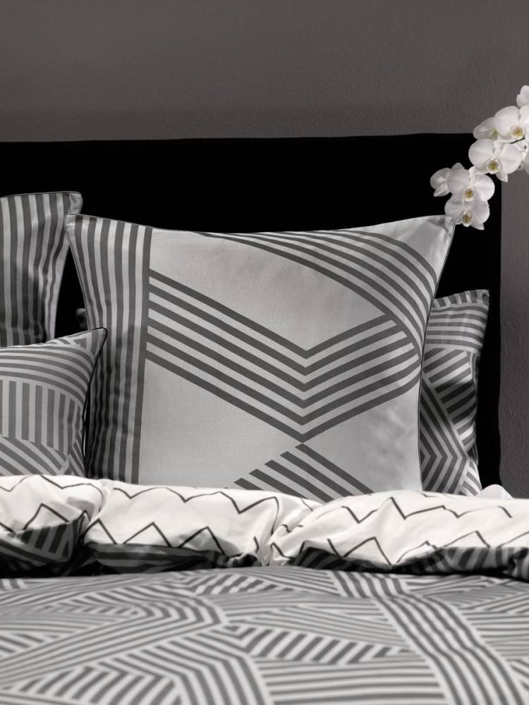 Elegant King Duvet Set in hex pattern, featuring charcoal and silver stripes, with a chevron reverse and piped edges.