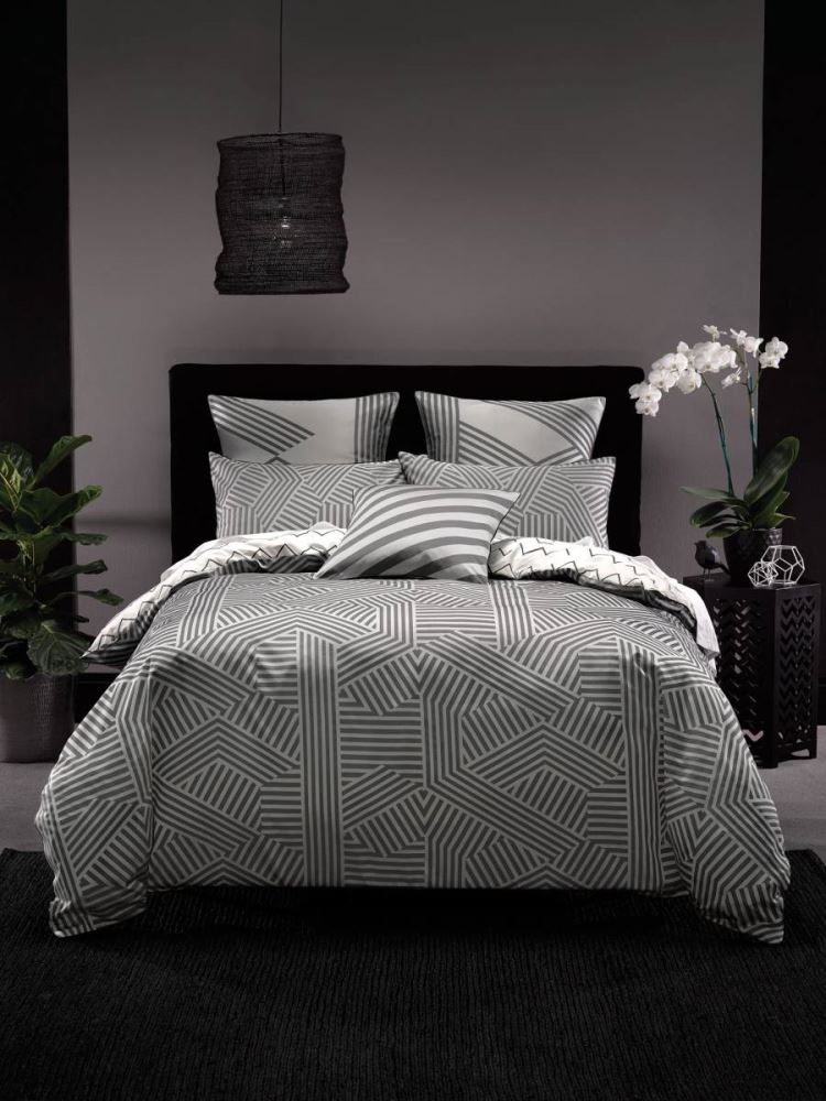 Elegant King Duvet Set featuring charcoal and silver hex stripes with piped edges, includes duvet cover and two pillowcases.