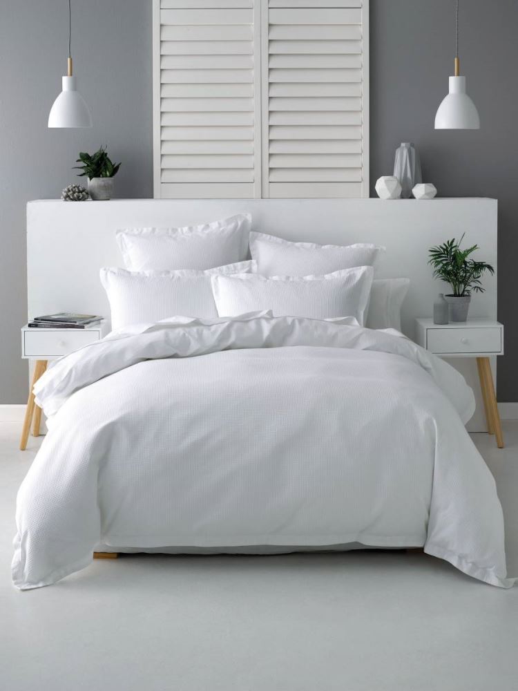 Californian King Duvet Cover Set Nova in white, featuring 100% cotton waffle front, percale reverse, and elegant 4cm flange.