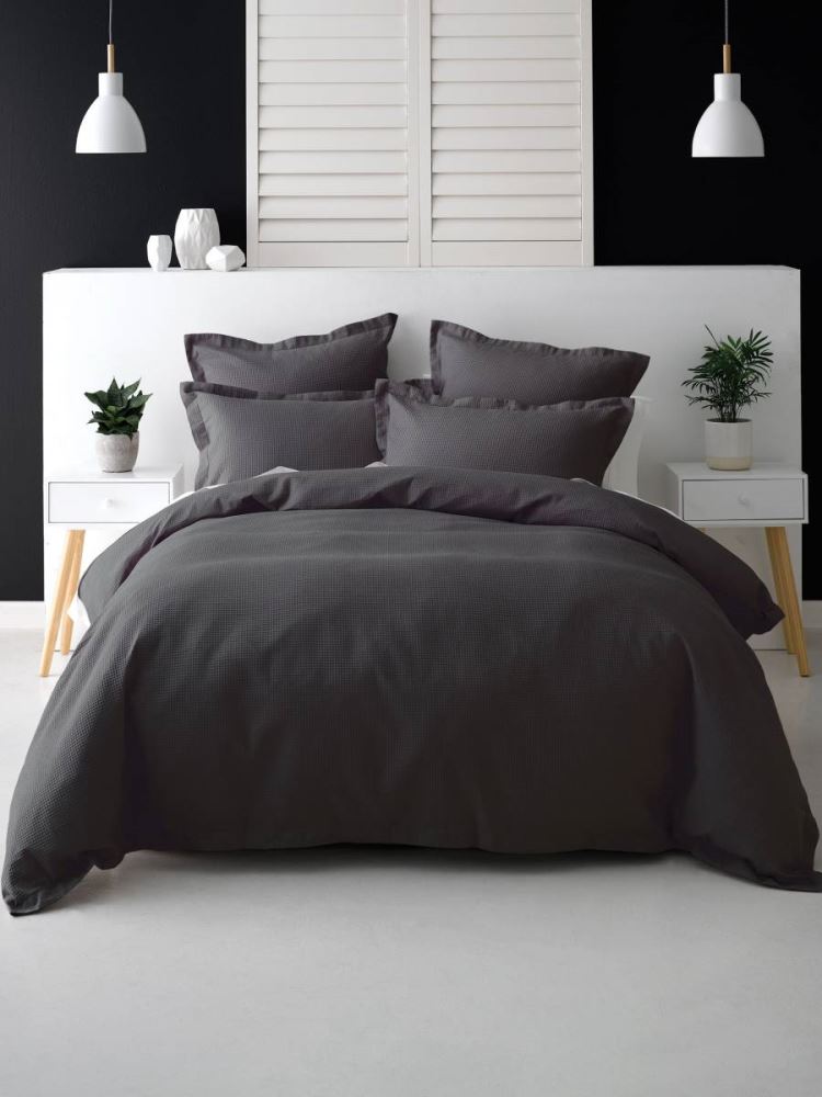 Single Duvet Set in rich charcoal, featuring textured waffle weave, smooth reverse, and elegant 4cm flanged edges.