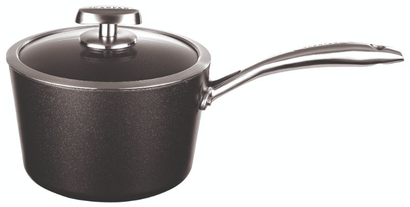 20cm Scanpan Pro IQ saucepan with lid, made from recycled aluminum with non-stick coating, suitable for all cooktops.