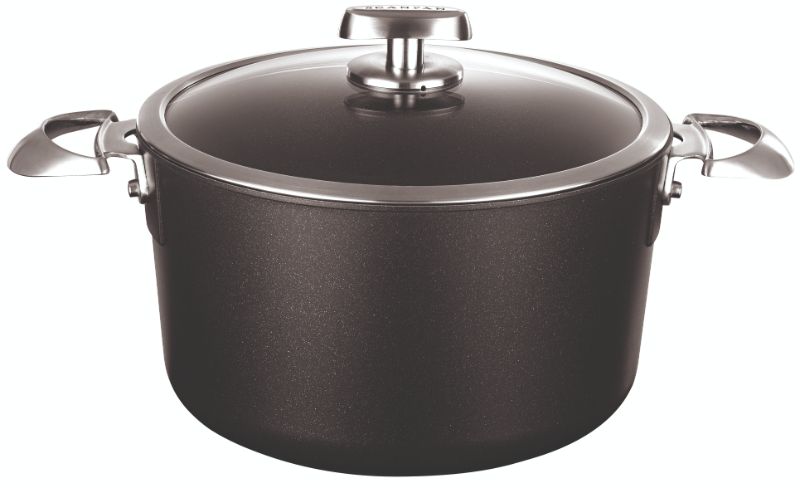 Scanpan Pro IQ 26cm Dutch Oven with non-stick coating, tempered glass lid, and ergonomic handle for versatile cooking.