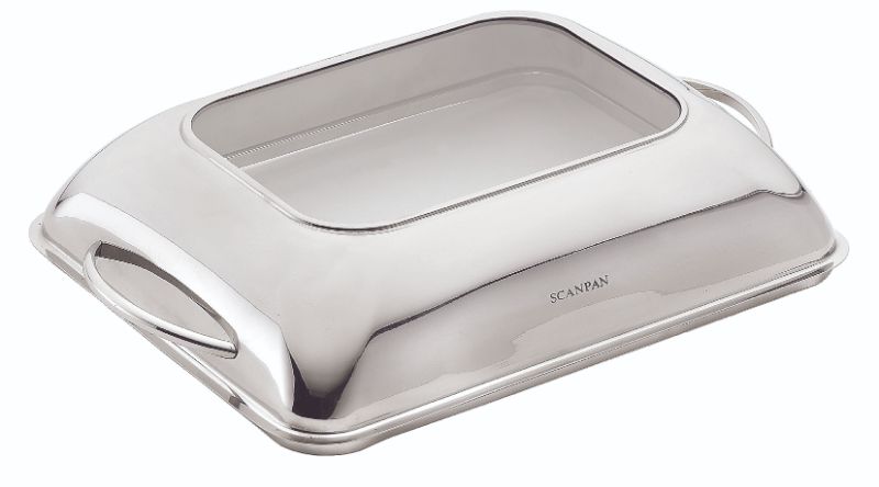 Lid for Scanpan Medium Roaster, made of 18/10 stainless steel and glass, locks in moisture for flavorful cooking.