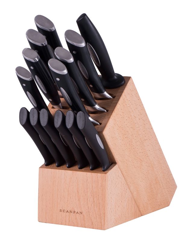 SCANPAN Classic 15-piece cutlery block set featuring German stainless steel knives in a beechwood block for durable, precise cooking.