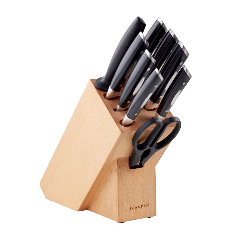 Scanpan Classic 10 Piece Knife Block Set with elegant beechwood holder and premium German stainless steel knives.