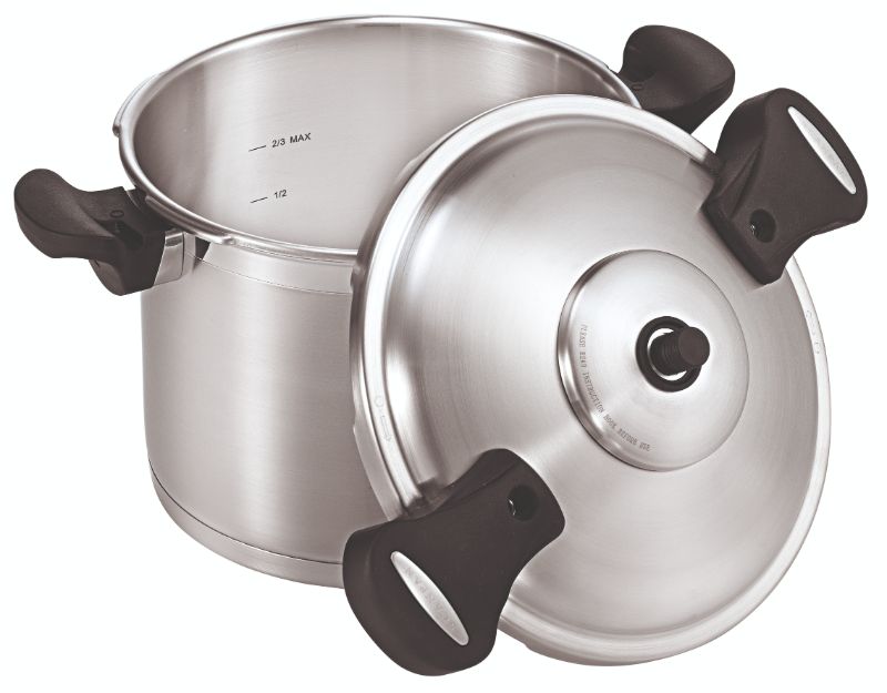 Stainless steel 24cm SCANPAN pressure cooker, 8L capacity for quick, flavorful family meals with safe pressure control.