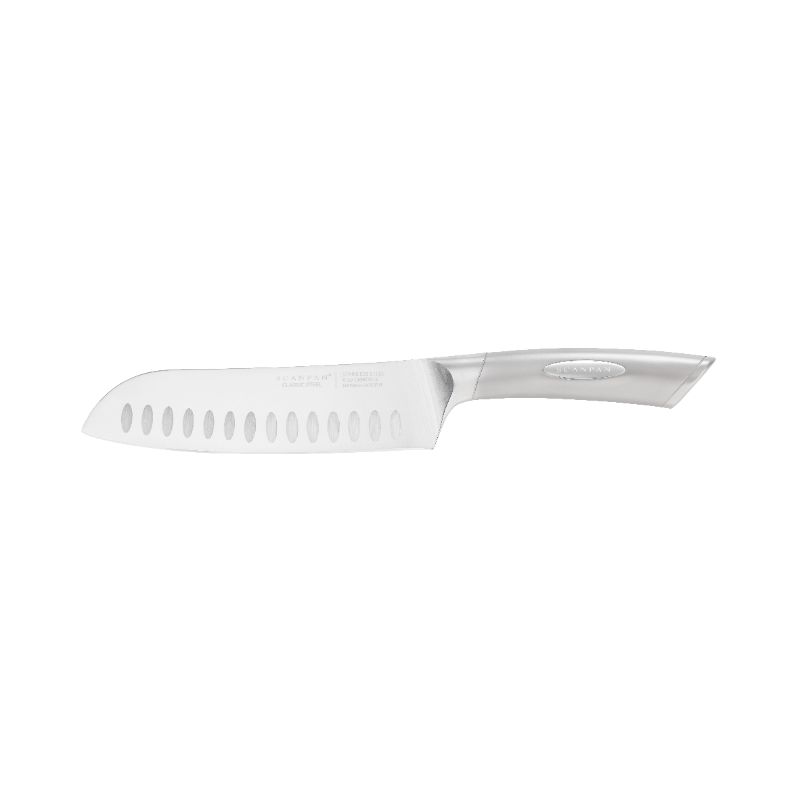 18cm SCANPAN Classic Steel Santoku knife with scalloped edge and ergonomic handle for precision slicing and dicing.