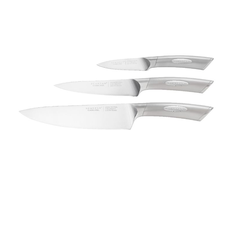 SCANPAN Classic Steel Chef Knife Set featuring a paring, utility, and chef's knife, crafted from German stainless steel.