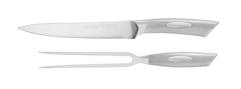 SCANPAN Classic Steel 2 Piece Carving Set featuring a 20cm knife and 15cm fork, crafted from German stainless steel for precision.