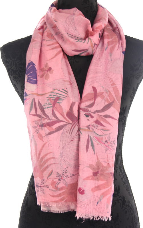 Coral Banana Leaf Scarf crafted from soft polyester, 70 x 175 cm, perfect for versatile styling and chic summer outfits.