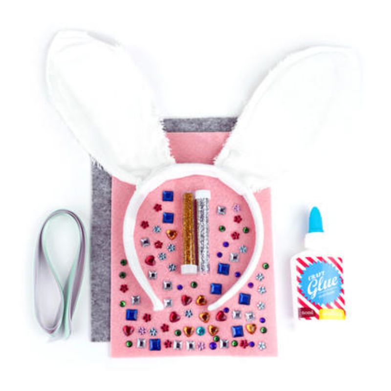Creative craft kit for kids to design their own sparkling bunny ears, promoting imagination and skill-building.