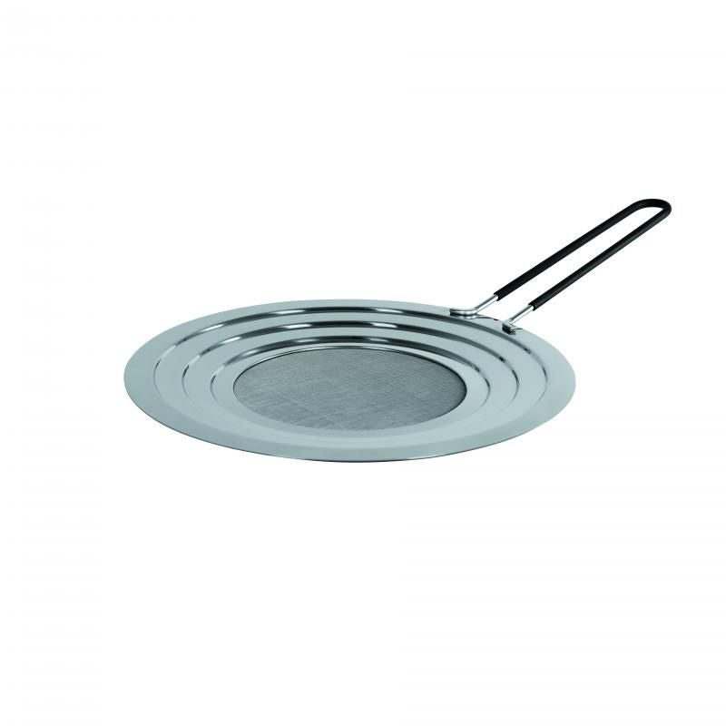 Avanti stainless steel splatter guard with insulated handle, 32cm diameter, prevents oil splashes while allowing steam escape.