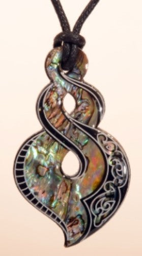 Colorful Paua shell twist pendant on a black adjustable cord, symbolizing life's journey and love between friends and family.