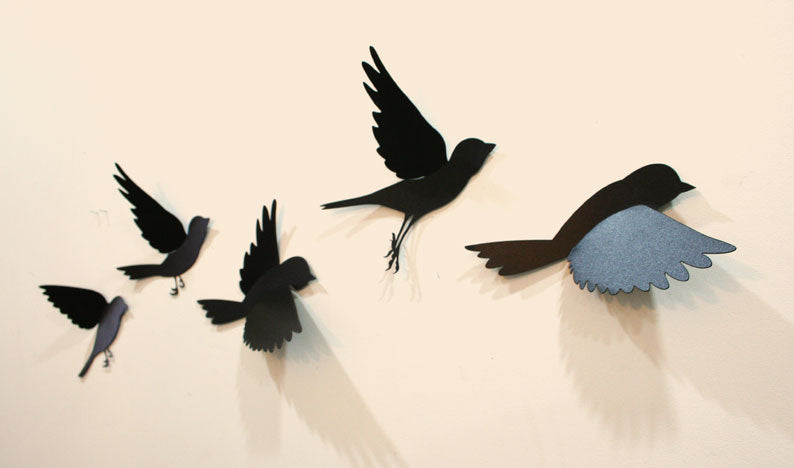 Five elegant polypropylene sparrows in flight, perfect for unique home decor and easy wall arrangement.