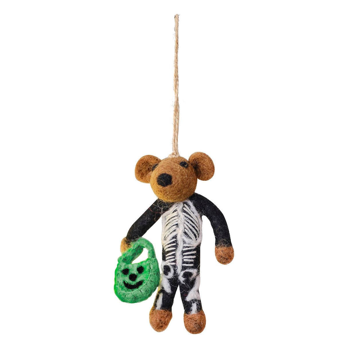 Whimsical felt skeleton bear decoration, handcrafted in Nepal for eco-friendly Halloween tree decor.