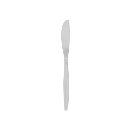 Set of 12 sleek 205mm dessert knives in durable 18/0 stainless steel with a partial satin finish for elegant dining.